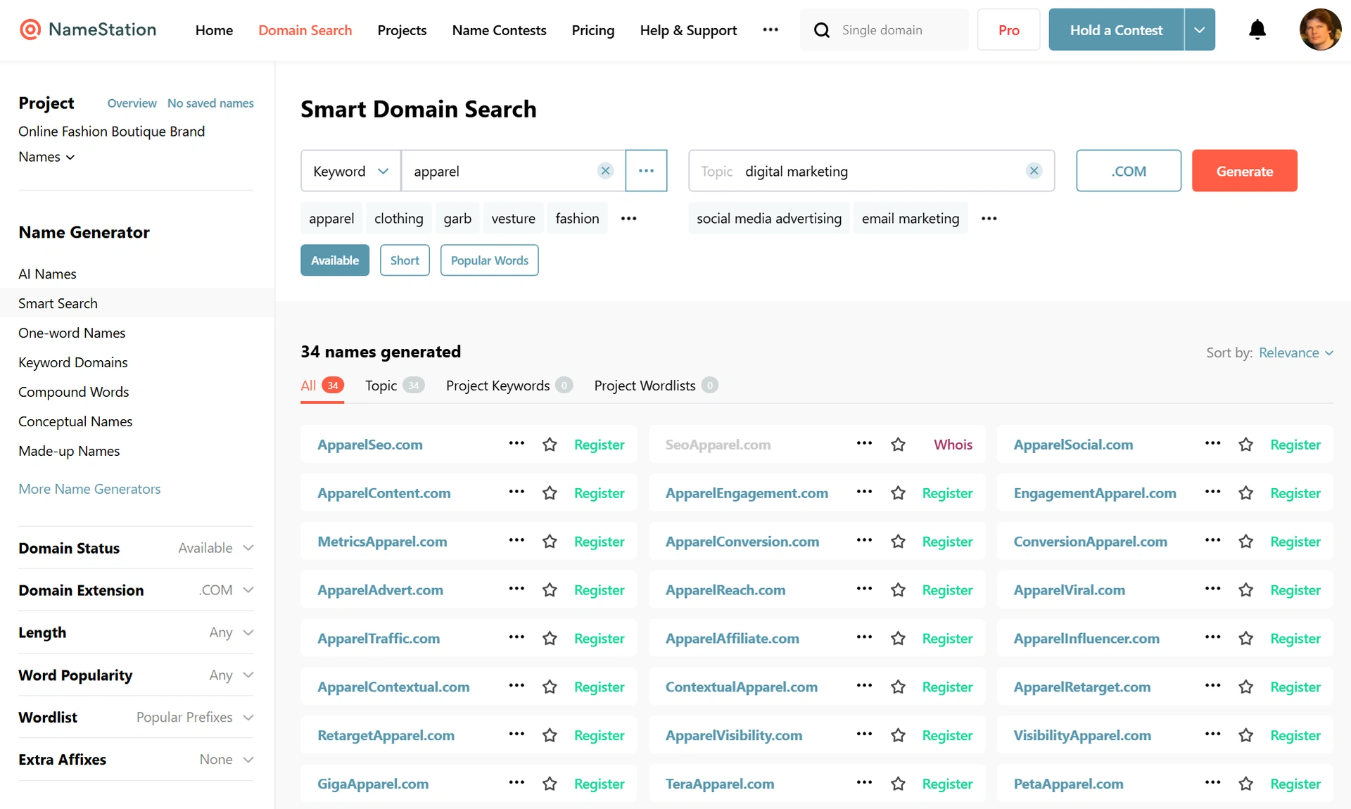NameStation project screenshot - AI-toega domeeniotsingu platvorm featuring React, TypeScript, Next.js