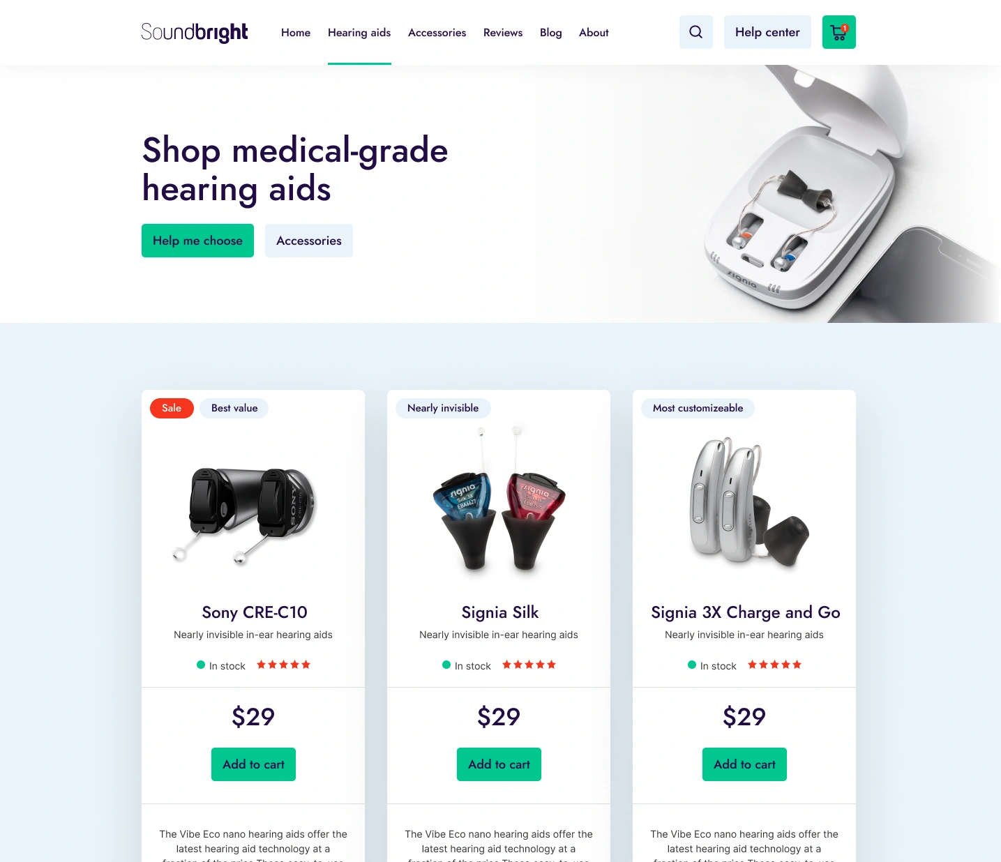 Soundbright project screenshot - D2C e-kaubanduse platvorm kuulmisaparaadi brändile featuring UX disain, Projekti juhtimine, Shopify